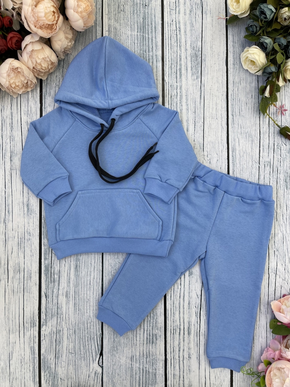 311-Г. Свитшот с капюшоном + Штаны, хлопок 65%, 35% ПЭ, 3-х нитка ( без начеса) голубой 122,128,134,140